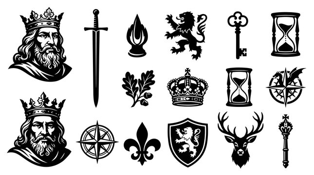 Black  White Royalty Symbols Icons Set: Kings, Crowns, Swords, Compass, Deer, Shield