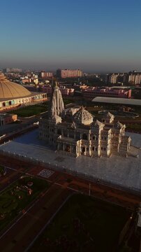 Aerial Drone Shot of Prem Mandir in Daylight, Vrindavan, Mathura, India
