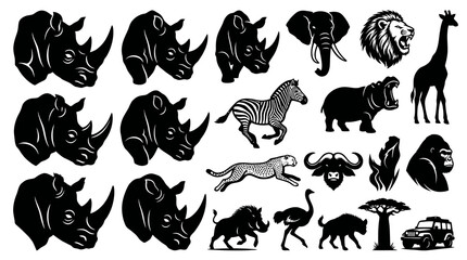 Fototapeta premium African Safari Wildlife Animals Collection: Stylized Black White Vector Silhouette Icons Set