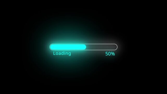 A vibrant teal loading bar is prominently displayed against a stark black background.