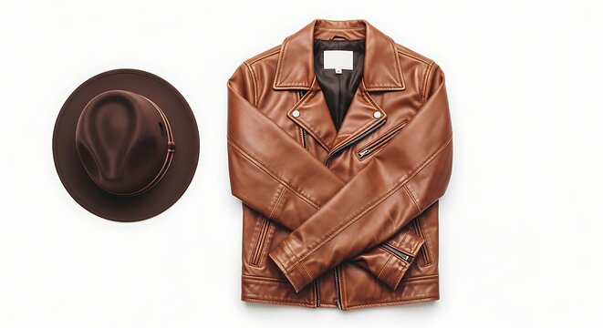 Brown leather jacket and hat combination.