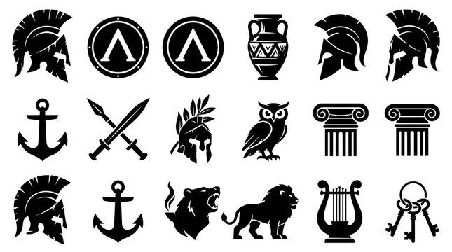 Ancient Greek Icons Set: Helmets, Shields, Amphora, Anchor, Swords, Owl, Columns, Lion