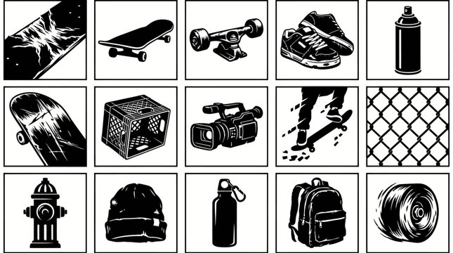 Black and White Vector Icons: Skateboard, Camera, Backpack, Fire Hydrant, Spray Can