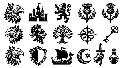 Obraz premium Medieval Fantasy History Heraldry Black and White Vector Glyph Symbols and Icons Set
