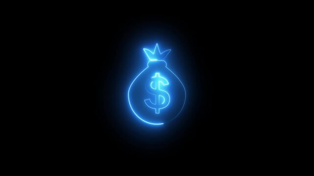 Dollar bag icon with neon dollar sign animation on black background.