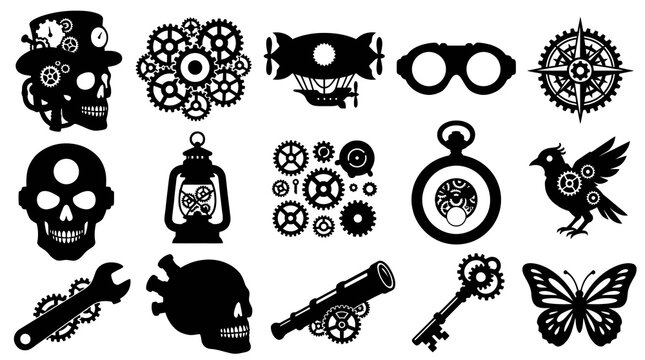 Steampunk Icons: Skull, Gears, Binoculars, Compass, Lantern, Bird, Telescope, Key, Butterfly