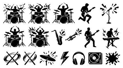 Obraz premium Music Instruments and Musicians Silhouette Vector Icons Set - Audio Equipment and Entertainment Glyphs