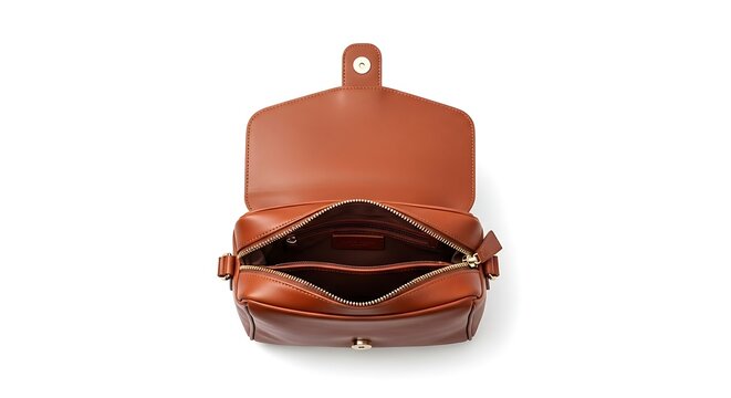 Brown leather purse interior visible.
