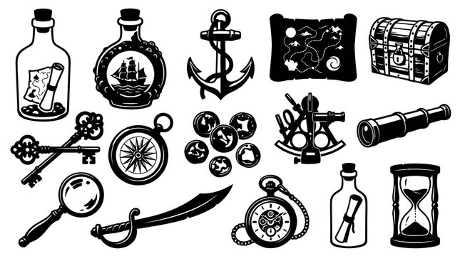 Vintage Pirate and Treasure Hunt Adventure Black and White Line Art Icon Set with Nautical Items