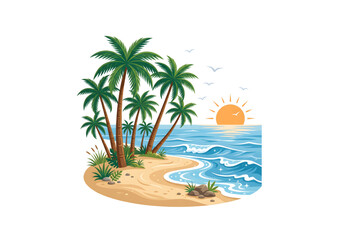 Obraz premium Tropical beach palm trees ocean sunset png on transparent background