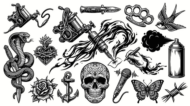 Black and White Tattoo Designs: Snake, Skull, Rose, Machines, Butterfly  More