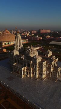 Aerial Drone Shot of Prem Mandir in Daylight, Vrindavan, Mathura, India
