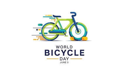 Fototapeta premium Bright green and blue stylized bicycle with speed lines and bicycle day text on white background, keywords: bicycle, day, cycling, cyclist