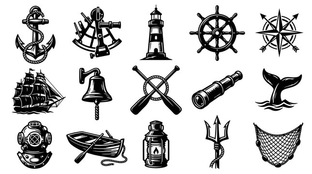 Vintage Black and White Nautical Icons Set of Maritime Symbols and Sea Elements