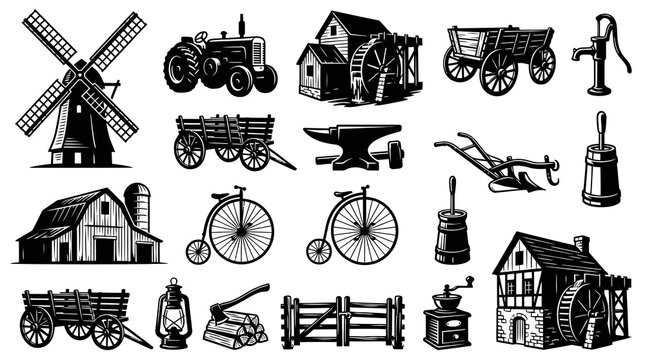 Vintage Farm Equipment and Buildings Black and White Vector Icons