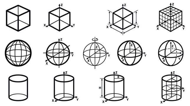 Geometric wireframe shapes and coordinate axis vector collection.