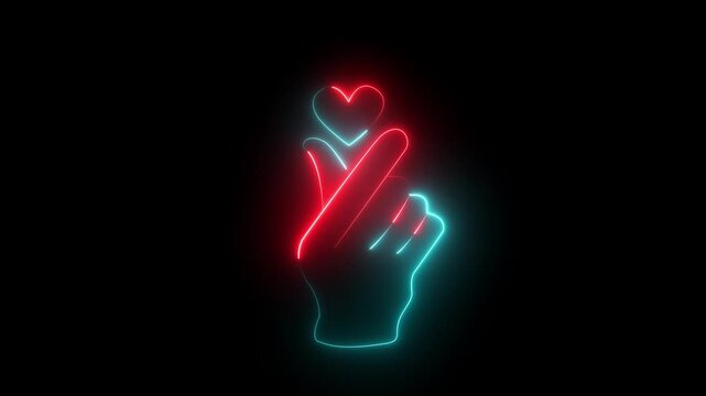 Neon finger heart sign.finger heart hand gesture with glowing neon effect, symbolizing love and affection.