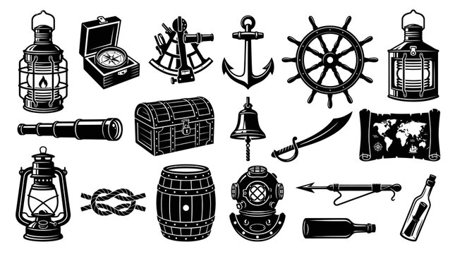 Nautical Vector Icon Set: Black  White Line Art of Ships Wheel, Anchor, Compass, Lanterns