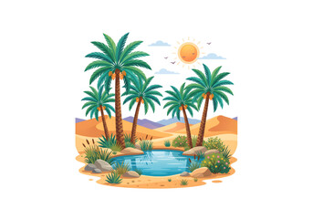 Obraz premium Palm trees and oasis in desert landscape, green and blue, png on transparent background