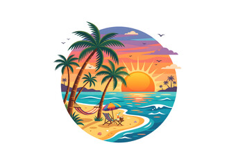 Fototapeta premium Tropical beach sunset with palm trees and ocean waves png on transparent background