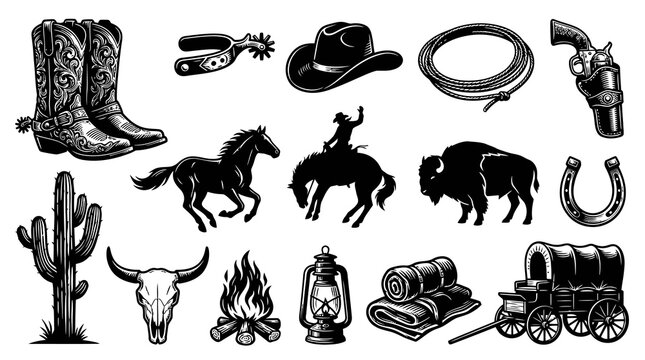 Western Cowboy Vector Icons: Boots, Horse, Cactus, Buffalo, Wagon