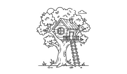 Fototapeta premium Whimsical Treehouse With Ladder Line Art Vector Illustration for Kids Adventure and Outdoor Play