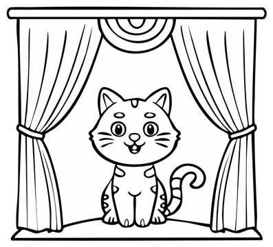 Cute cartoon kitten sitting on stage behind velvet curtains ready for performance