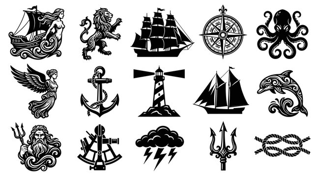 Vintage Black  White Nautical  Mythology Engraving Style Icons Set. Marine, Ocean, and Sea Symbols.