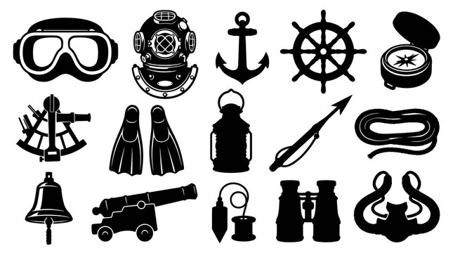 Nautical Maritime Diving and Sailing Black and White Glyph Icons Set - Sea Exploration Equipment