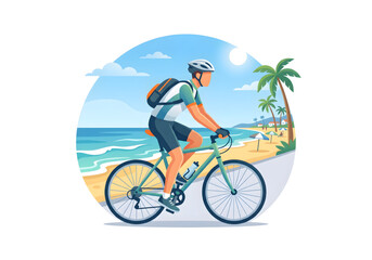 Fototapeta premium Man cycling beach blue green png on transparent background