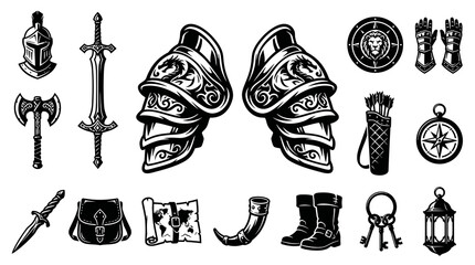 Obraz premium Medieval Fantasy Adventure Gear Weapon Icons Set. Black and White Engraving Style Vector Illustration.