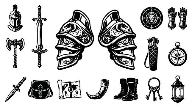 Medieval Fantasy Adventure Gear  Weapon Icons Set. Black and White Engraving Style Vector Illustration.