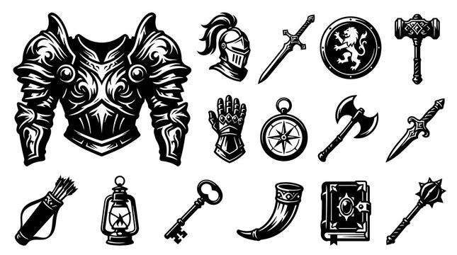 Medieval Fantasy RPG Gaming Icons Set - Black and White Line Art Armor, Weapons, and Adventure Gear Vector Illustration