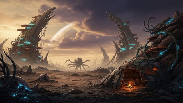 Alien landscape with sci fi structures under a dramatic cloudy sky