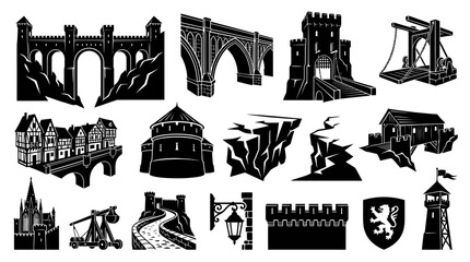Fototapeta premium Medieval Architecture and Fortification Black White Glyph Vector Icons Set. Castles, Bridges, History