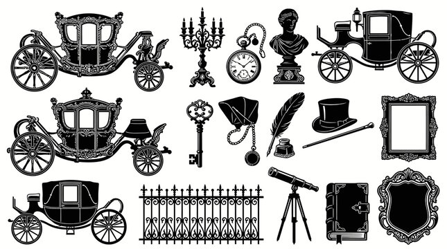 Vintage Carriage, Bust, Pocket Watch, Telescope, Book, Fence, Frame, Heraldry