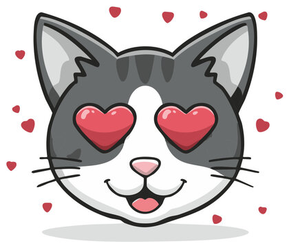 Cute cat face with heart shaped eyes surrounded by floating hearts
