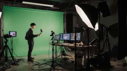 Fototapeta premium Man filming with green screen in a studio setting.