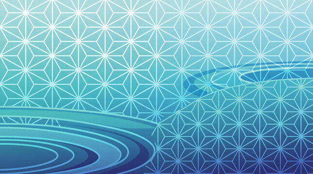 Japanese Asanoha Hemp Leaf Geometric Pattern with Blue Teal Wave Background