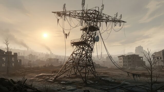 Dramatic view of a dilapidated electrical pylon in a post apocalyptic landscape