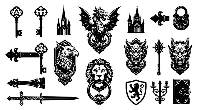 Fantasy Medieval Gothic Black and White Engraving Style Icons Set - Keys, Castles, Dragons, Lions, Devils, Swords, Shields  Ornaments