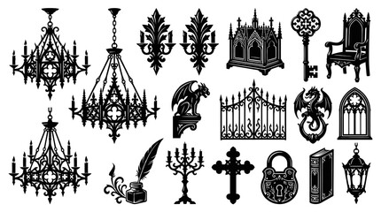 Obraz premium Gothic Fantasy Vector Silhouette Icons Set - Medieval Halloween Decorative Elements Collection