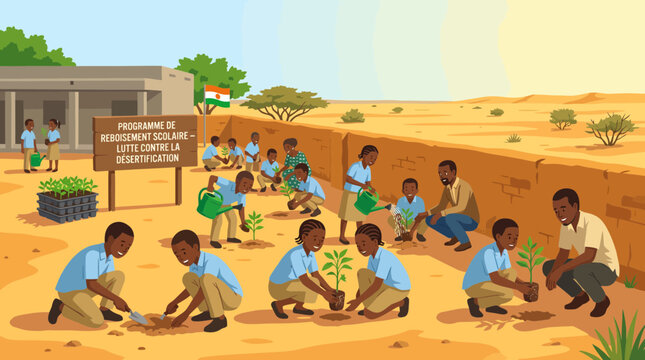 African school children planting trees in desert landscape