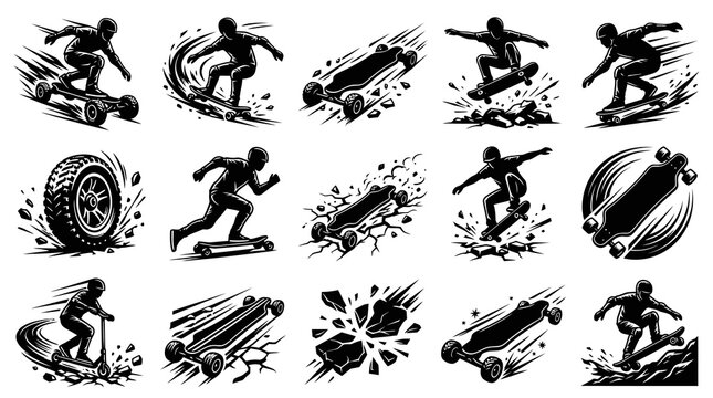 Dynamic Skateboarding and Longboarding Vector Art: Monochrome Skaters for Action Sports Culture