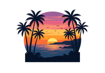 Fototapeta premium Tropical sunset palm trees orange pink purple png on transparent background