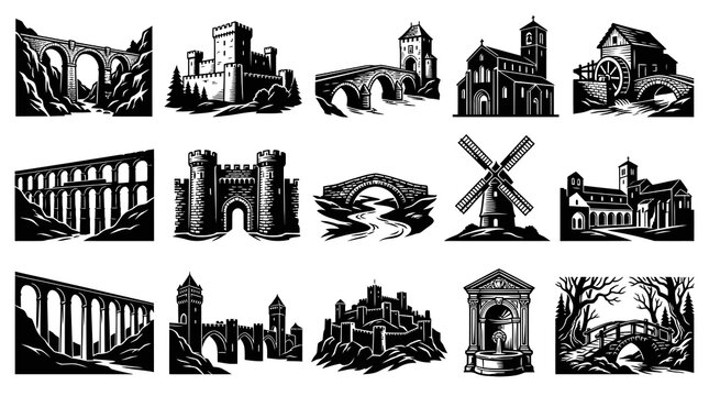 Historic Architecture Engraving Style: Black  White Illustrations of Castles, Bridges, Churches, Mills, Landmarks