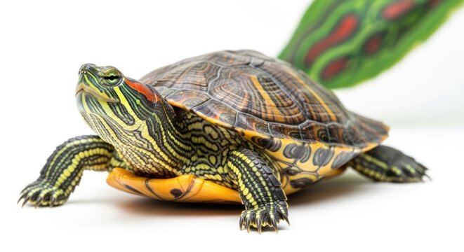 Close-up of a Red-Eared Slider Turtle on a White Background.