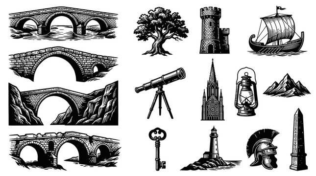 Vintage Engraving Style Historical and Travel Elements Black and White Vector Illustrations Collection
