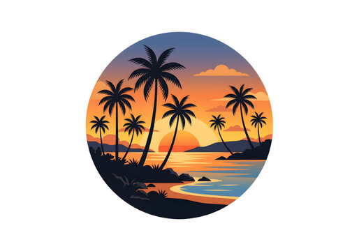 Tropical sunset beach with palm trees orange and blue png on transparent background