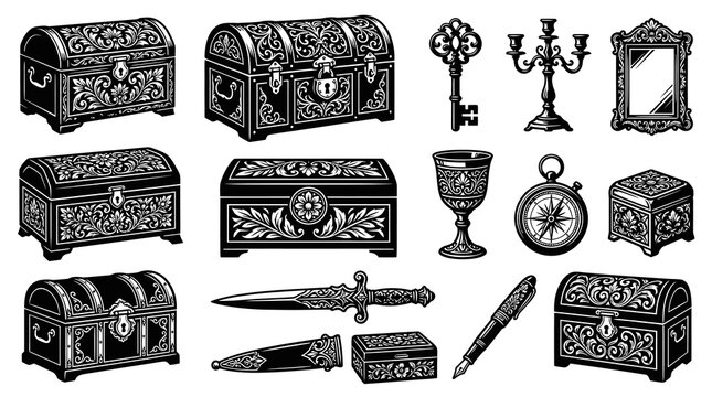 Antique Treasure Chests, Key, Compass, Mirror, Candlestick, Dagger, Pen Vector Illustration